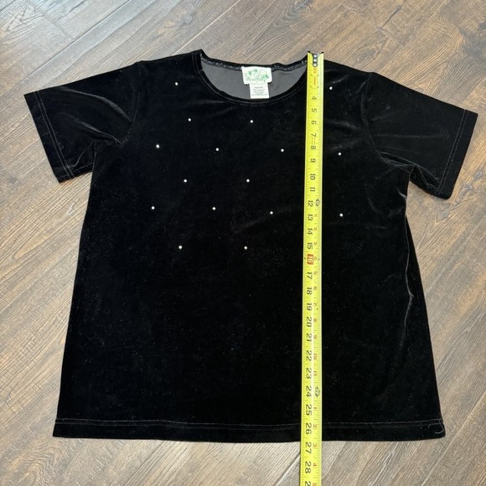Quaker Factory Womens Blouse Velvet Black Rhinestone Stud Short Sleeve Top Med - Picture 7 of 8